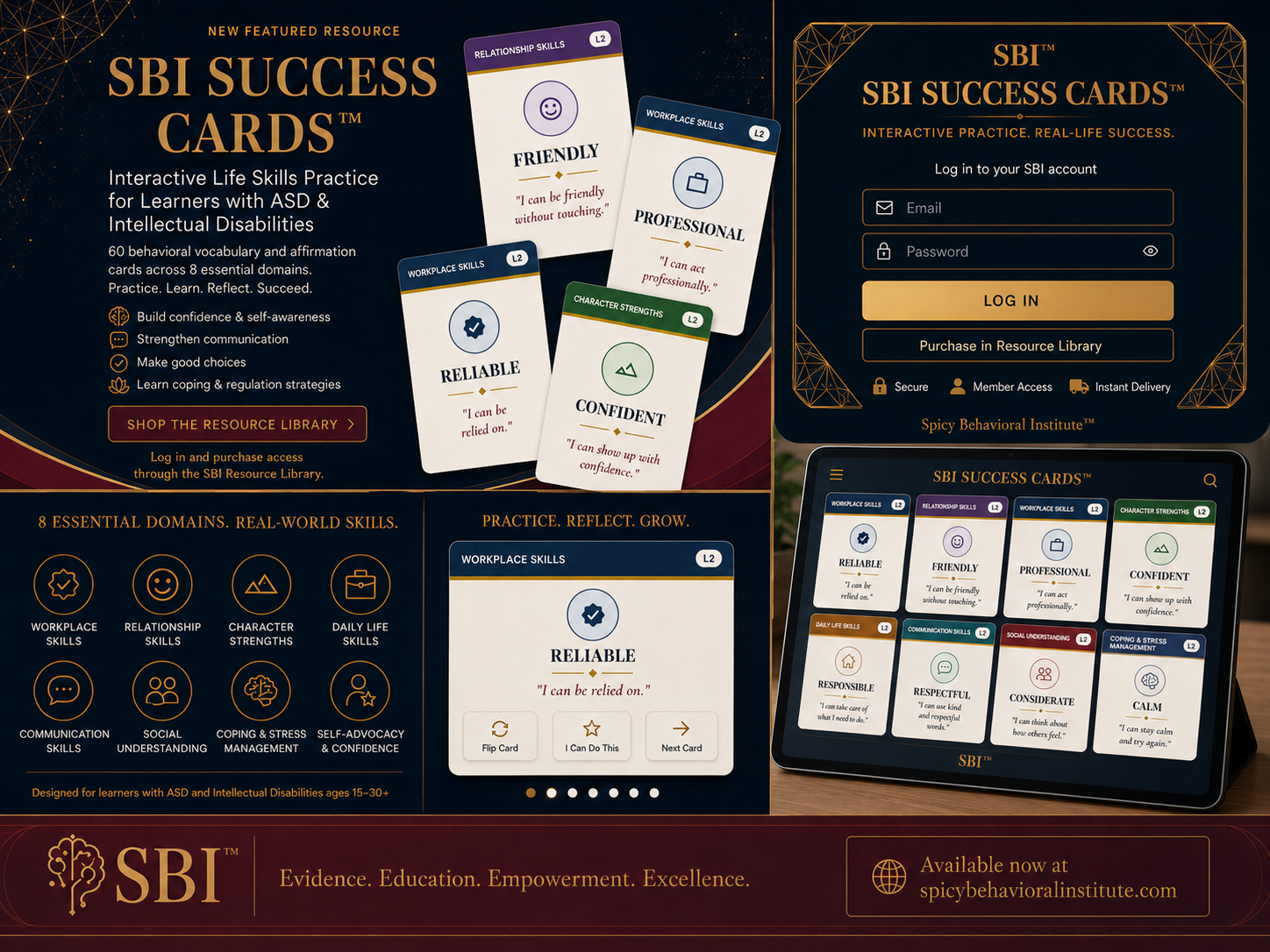 SBI Success Cards — interactive life skills practice with 60 behavioral vocabulary and affirmation cards across 8 essential domains
