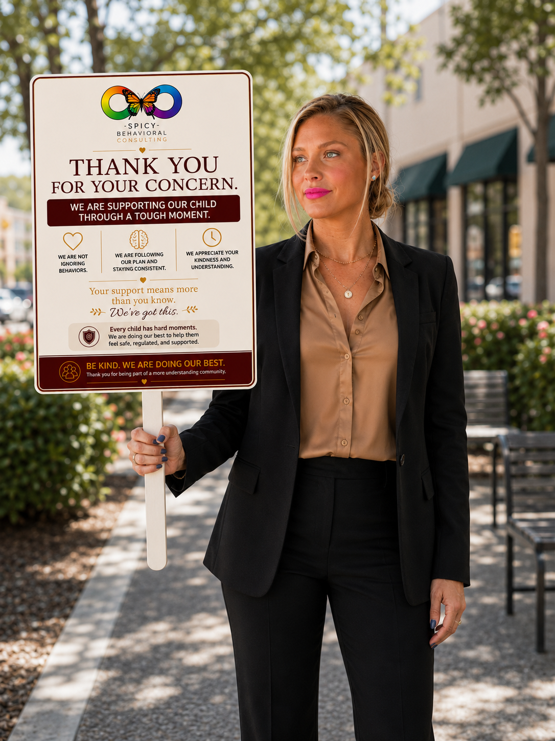 Caregiver calmly holding the Parent Support Sign in a public setting